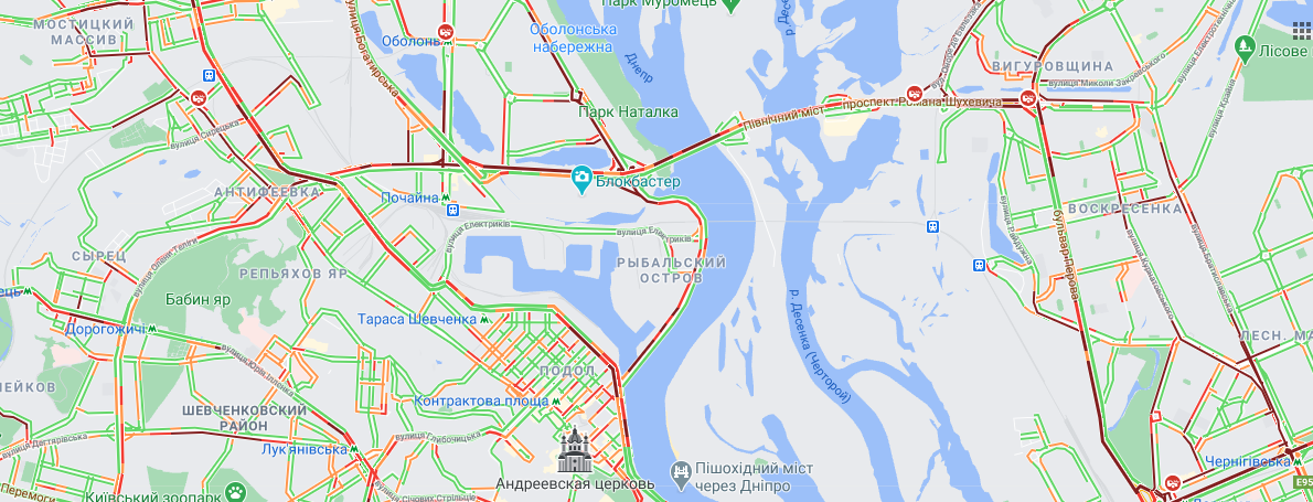 Пробки в Киеве 5 апреля. Скриншот Гугл Мапс