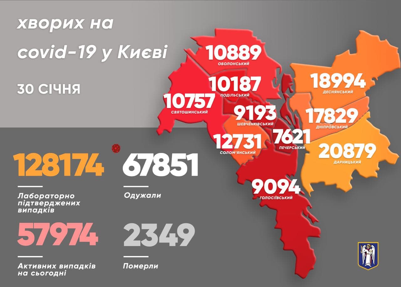 Карта распространения коронавируса по районам Киева. Фото: Telegram/Виталий Кличко