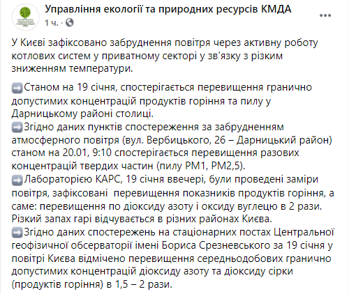 В Киеве ухудшились показатели уровня загрязнения воздуха. Скриншот: facebook.com/ekologiakyiv